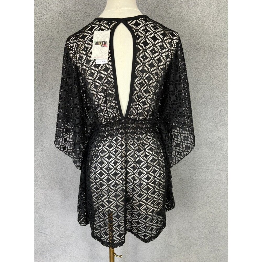 Miken Women's Juniors Crochet Cover-up Batwing Sleeves V-Neck Medium Black NWT's - Picture 4 of 8